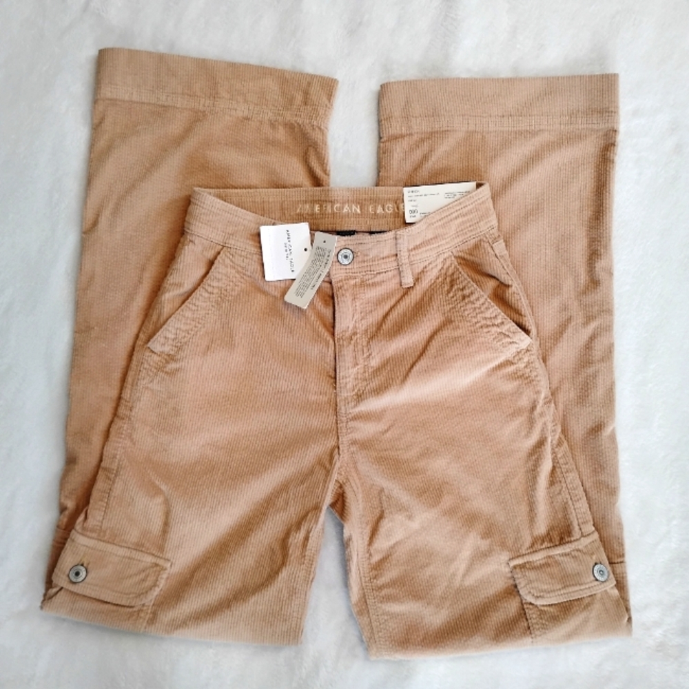NWT American Eagle Tan Corduroy Pants Size 000 Super High Rise|Baggy Wide Leg
